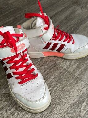 adidas White High-Top Sneakers with Red Accents and Coral Trim